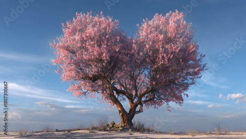 A beautiful heart shaped pink blossoming tree stands in a serene landscape, symbolizing love and romance under a clear blue sky with wispy clouds above it.