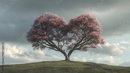 A whical heart-shaped blossoming tree stands gracefully atop a green hill under a sky of soft, diffused light and scattered clouds, creating serene nature scene.