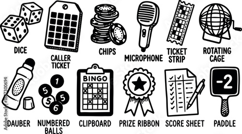 Line art hand drawn bingo icon set close up showing dice dauber numbered balls chips microphone rotating cage clipboard score sheet paddle