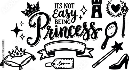Hand lettering script and line art princess sticker set with crown wand mirror pillow high heel close up black white