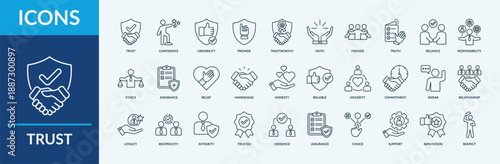 Trust - Icon Collection. Thin Outline Set contains such Icons as confidence,credibility,promise and more. Simple web icons set
