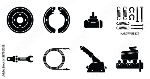 Automotive braking system components and hardware kit illustrated in black silhouette vector
