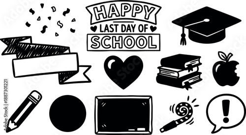Hand drawn doodle school icon set showing graduation cap, stacked books, chalkboard, heart, pencil, party horn, confetti, blank banner, bitten apple