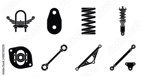 Automotive suspension and chassis parts collection includes springs shock absorbers and control arms vector set