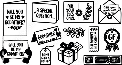 Hand lettering and line art godfather proposal stationery set close up flat lay black and white hand drawn cards studio photograph