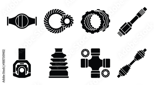 Car drivetrain components and parts illustrated in black silhouette on transparent background vector