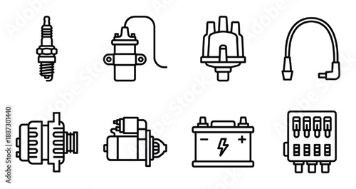 Car electrical system components and battery icon outline vector illustration