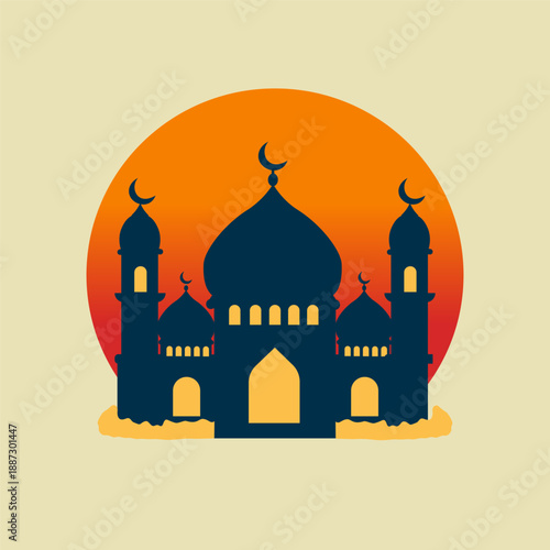 Ramadan Mosque Silhouette with Crescent Moon and Sunset Background