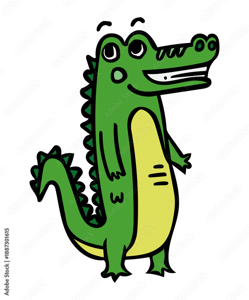 Obraz premium Cute green crocodile cartoon character standing and smiling isolated on white background