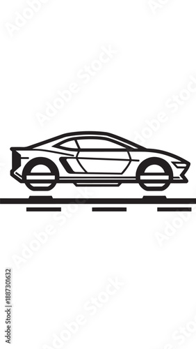 Minimalist black and white illustration of a sporty coupe on a road.