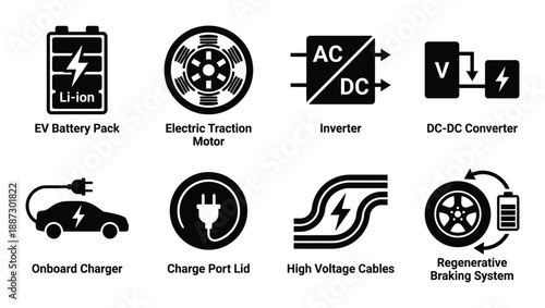 Electric vehicle power systems and charging infrastructure icons on transparent background