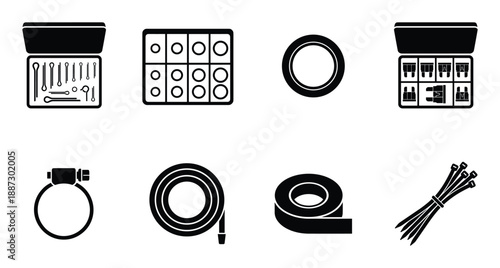 Hardware and fasteners icons set with cotter pins rubber o-rings electric fuses hose clamp and tape