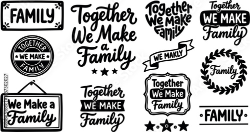 Hand lettered vintage badge sheet showing multiple family typographic seals and wreaths in black ink close up flat layout studio composition