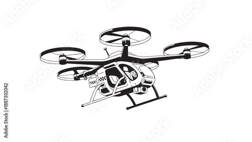 Line Art Drone in Flight: A Quadcopter with Rotors, Camera and Propellers.