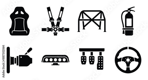 Racing car interior parts black icons set for motor sport safety seat harness roll cage steering wheel
