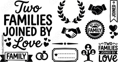 Flat design typographic set two families joined by love badge and icons with handshake rings family tree for wedding stationery