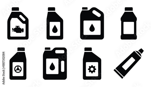 Set of automotive fluids and lubricants in containers, car engine oils and greases