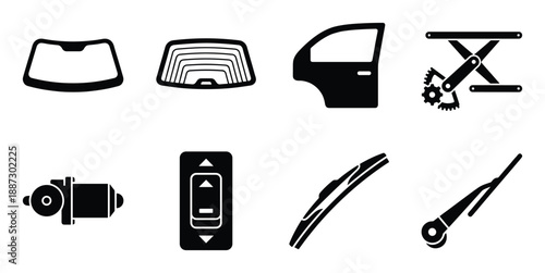 Set of black car exterior and window mechanism vector icons on transparent background, auto parts