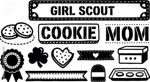 Stencil icon set close up girl scout cookie mom labels and badges with box tray heart cookie illustration in black silhouette