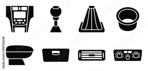 Set of black car parts vector icons on transparent background, auto components collection