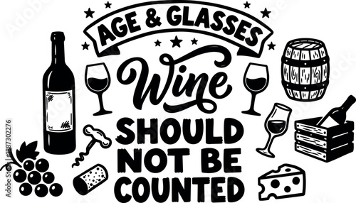 Vintage hand lettering close up of wine sign featuring bottle and glasses with grapes cork cheese barrel and playful bold typography