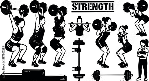 Line art weightlifting sequence of female athlete performing overhead squat and clean on gym platform bold monochrome illustration side view
