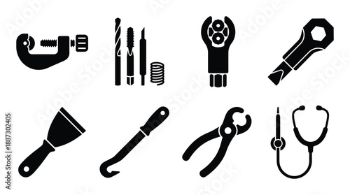 Set of black mechanical tools and car parts icons on checkered background vector