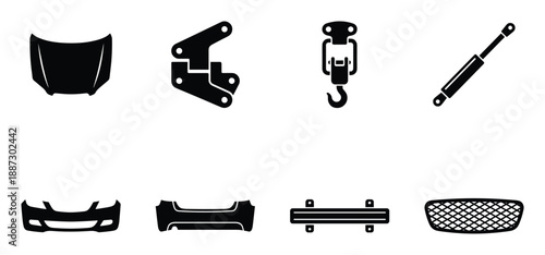 Set of black silhouettes of car hood bumpers and grill with various accessories