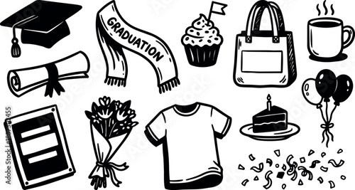 Hand drawn doodle graduation icons close up set with mortarboard diploma sash bouquet cake balloons confetti tote cup t shirt cupcake plaque slice