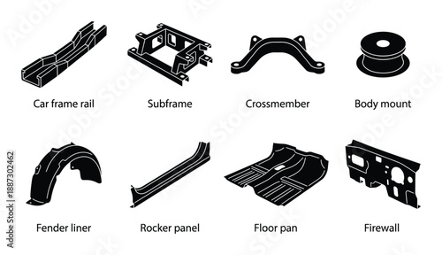 Set of black silhouettes of car body parts and frames on a transparent background
