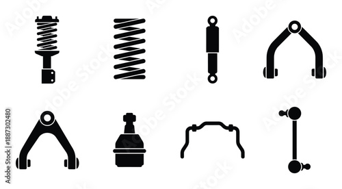 Set of black silhouettes of car suspension and chassis components on a transparent background