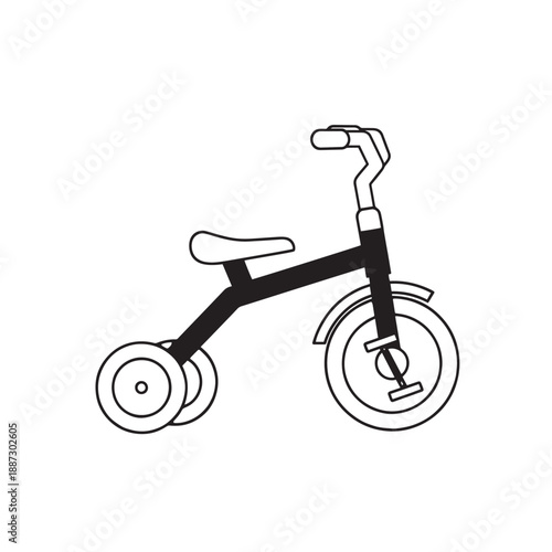 Simple child’s balance tricycle illustration with three wheels and a minimalist frame.