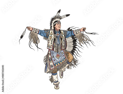 Native American Indian Chief in Traditional Headdress Illustration
