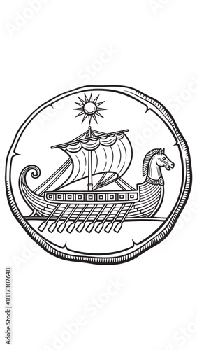 Emblematic Viking Longship Stamp Illustration Encapsulating Maritime Heritage in Circular Design.