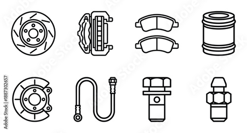 Set of car brake system components and engine oil filter icon outline vector illustration