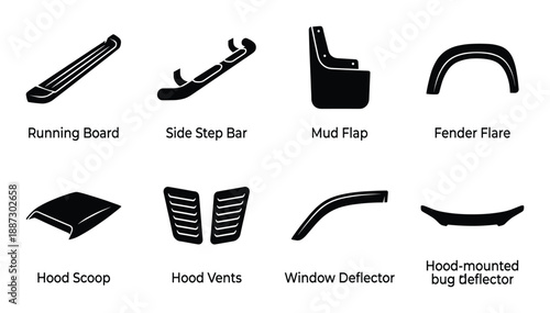 Set of car exterior parts and accessories, body kits and modifications for vehicles