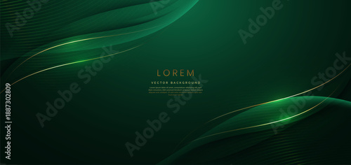 Abstract 3d gold curved green ribbon on dark green background with lighting effect and sparkle with copy space for text. Luxury design style.