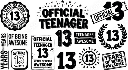 Vintage rubber stamp badge set celebrating age thirteen with hand drawn numbers and retro grunge texture of official teenager labels
