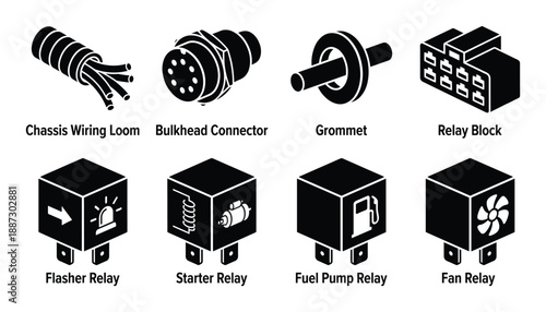 Set of eight automotive electrical components including wiring loom, connectors, and various relays