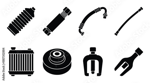 Set of eight automotive fluid system and engine components including bellows, hoses, and filters