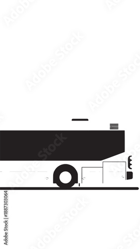 Minimal black and white side view of a train on rails with bold graphic lines.