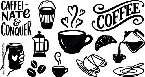 Hand lettering and hand drawn coffee collage showing steaming mug, croissant, takeaway cup, french press, pouring pot, stacked cups, cozy sketch
