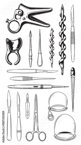 Assorted Surgical and Laboratory Precision Instruments Displayed in a Vertical Arrangement.