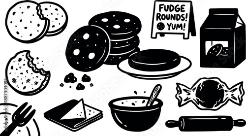Pen and ink illustration close up cookie assortment with bitten cookies, plate, milk carton, bowl, rolling pin, flat layout, bold contrast