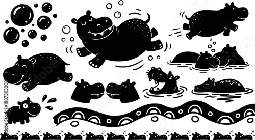 Flat design playful hippo silhouettes in various poses close up cartoon hippo family swimming jumping with bubbles high contrast black and white