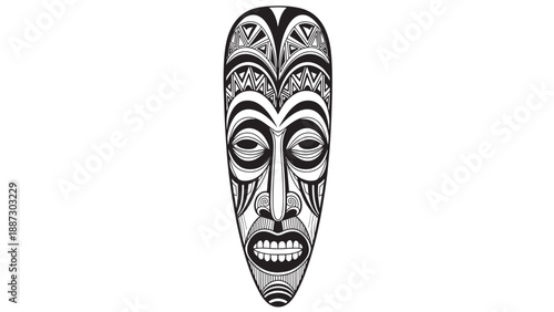 Intricate black and white tribal mask featuring bold geometric patterns and carved wooden features.