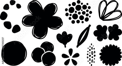 Hand drawn ink floral shapes collection close up black silhouette petals dots leaves assorted brushstroke elements on white minimal background