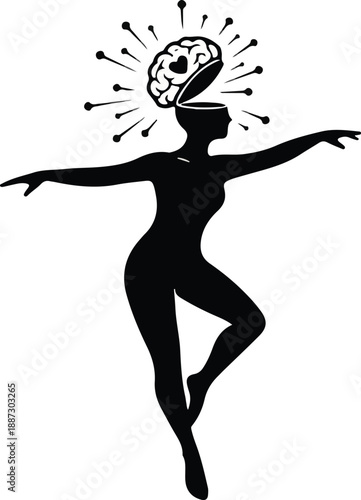 Silhouette of a graceful woman with an open head revealing a brain with a heart, symbolizing mental and emotional well-being and mindful thought.