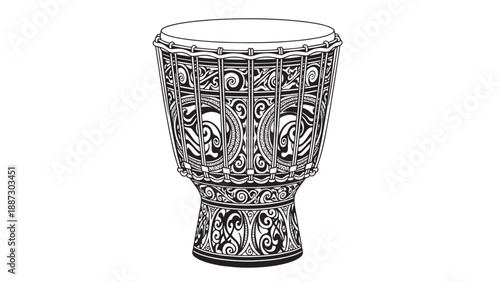 Ornate Handcrafted Djembe Drum with Carved Patterns and Rich Rhythm.