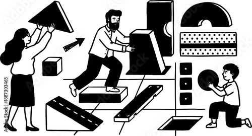 Line art illustration of collaborative team arranging oversized geometric blocks with man pushing, woman lifting triangle, child holding circle playful scene